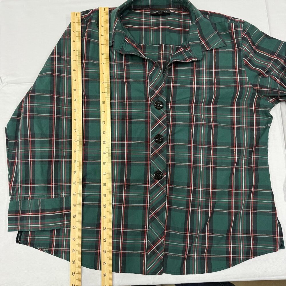 Foxcroft plaid shirt women's size 16 green decorative buttons 3/4 sleeves - Picture 10 of 12